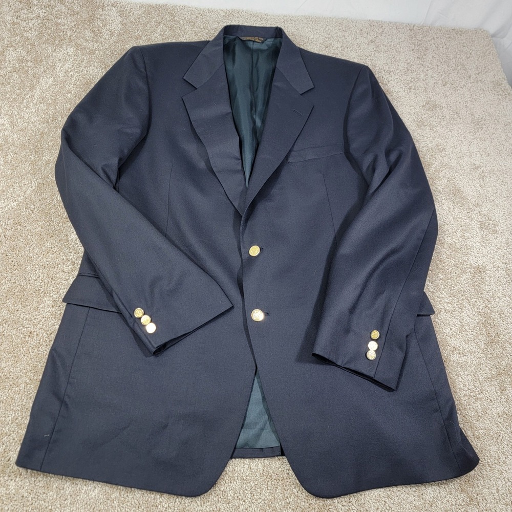 Botany Five Hundred 500 Mens Navy Blue Blazer Sport Coat Sz 46 EX-L Gold Buttons